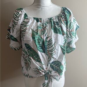 Aakaa White Off-Shoulder Tie-Front Top with Green Leaf Print